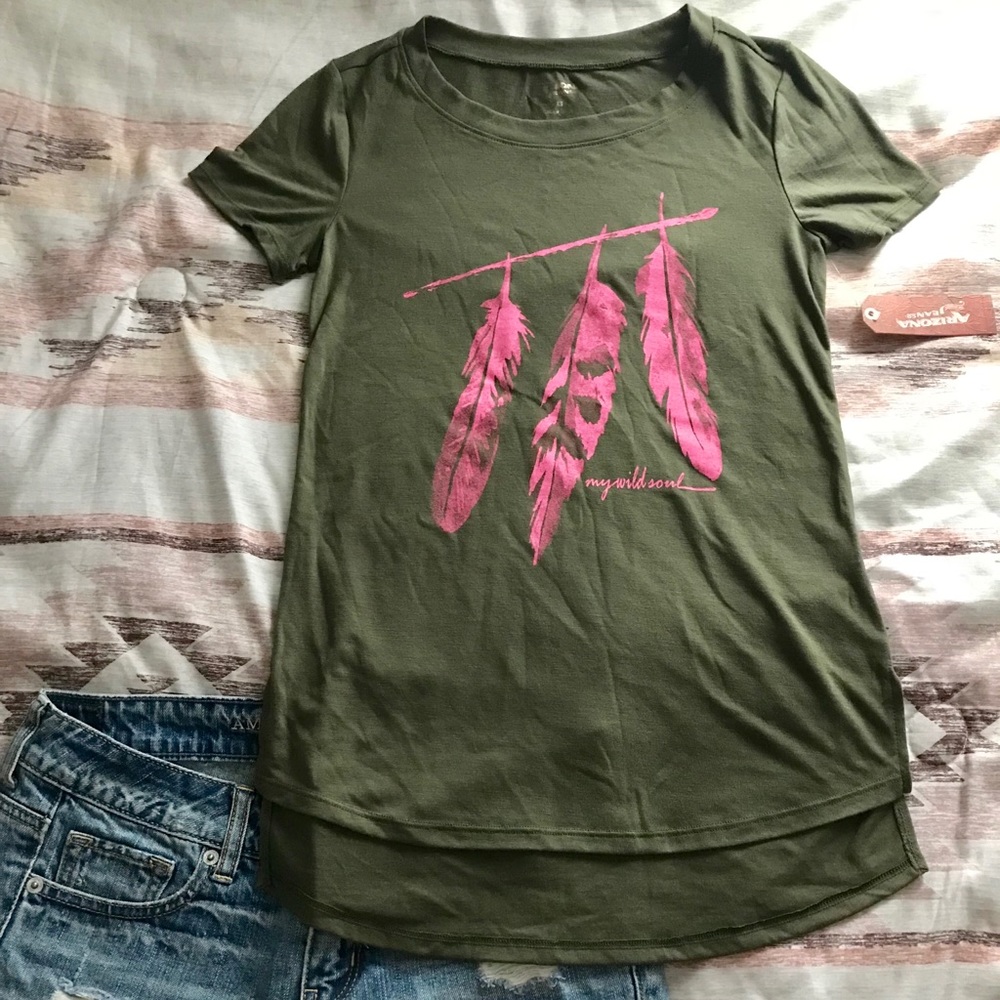 Olive Green Feather Tee Shirt